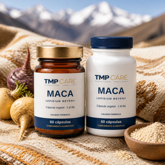 TMP CARE Maca en vidrio ámbar y PET blanco sobre textil andino con raíces de maca amarillas y moradas.