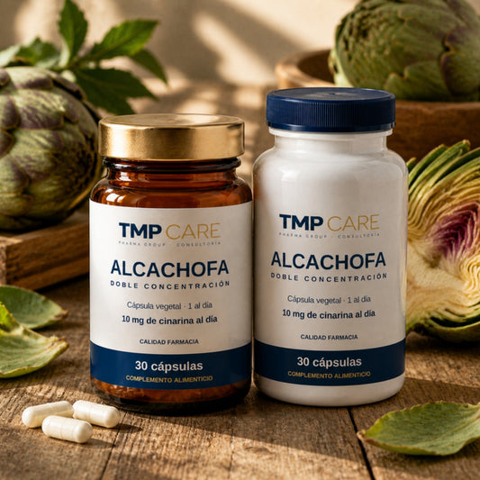TMP CARE Alcachofa en vidrio ámbar y PET blanco sobre mesa de madera con alcachofas.