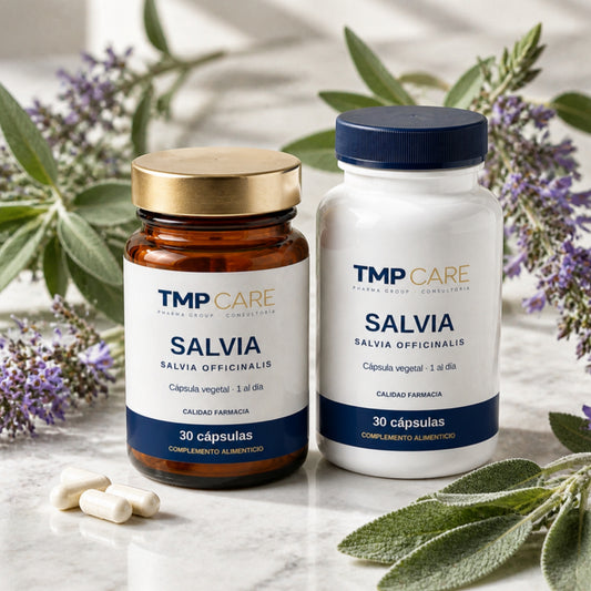 TMP CARE Salvia en vidrio ámbar y PET blanco sobre mármol blanco con ramas de salvia.