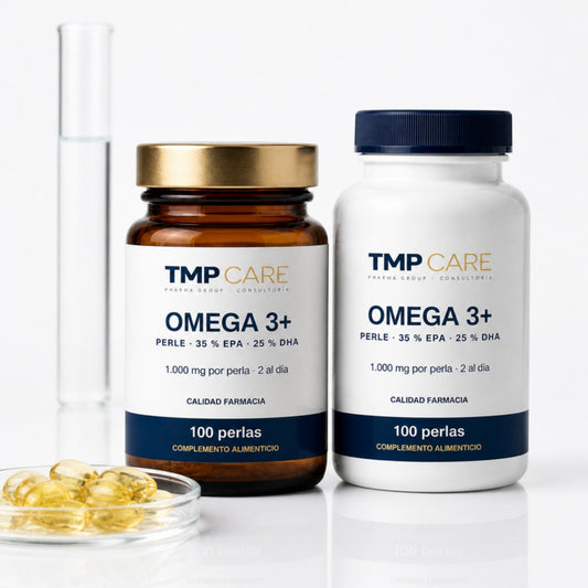 TMP CARE Omega 3+ Perle 1.000 mg en vidrio ámbar y en PET blanco