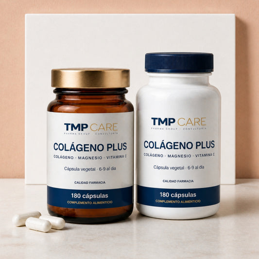 Colágeno Plus TMP CARE 180 cápsulas en envase de vidrio ámbar y envase PET blanco