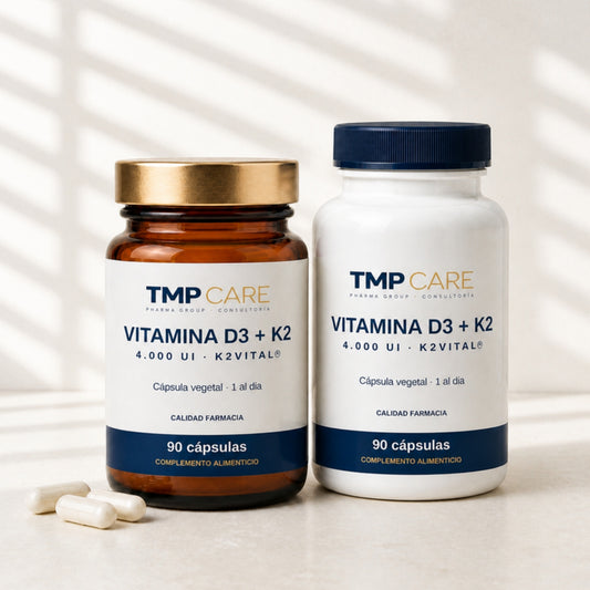 TMP CARE Vitamina D3 + K2 en vidrio ámbar y PET blanco, 90 cápsulas
