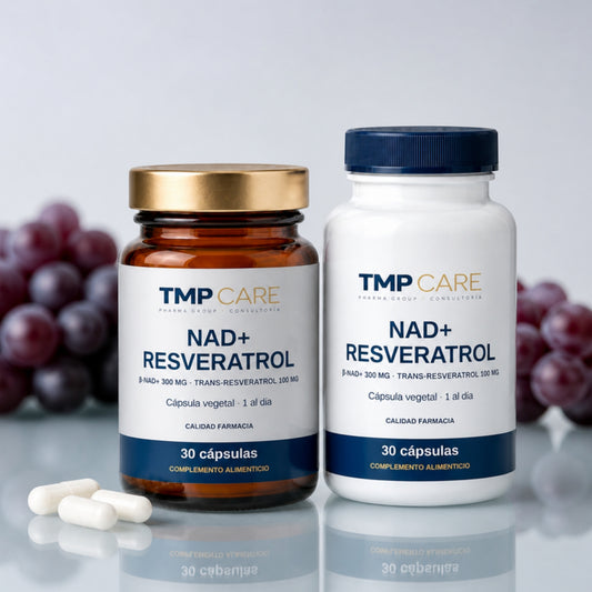 TMP CARE NAD+ Resveratrol en envase de vidrio ámbar y PET blanco