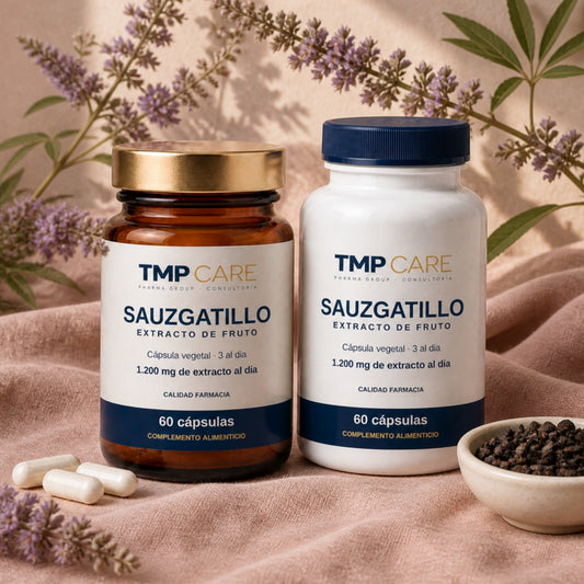 TMP CARE Sauzgatillo en vidrio ámbar con tapa dorada y PET blanco con tapa azul marino, sobre lino rosa con ramas de sauzgatillo en flor.