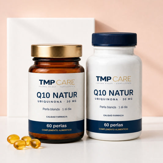 TMP CARE Q10 Natur 30 mg en envase de vidrio ámbar y PET blanco, 60 perlas