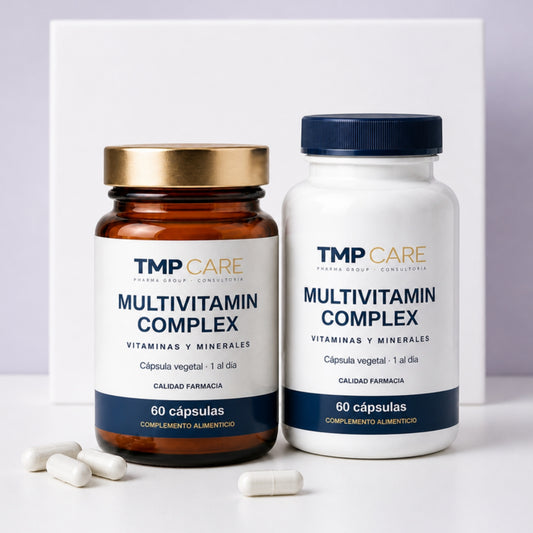 TMP CARE Multivitamin Complex 60 cápsulas en envase de vidrio ámbar y en envase PET blanco