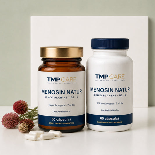 TMP CARE Menosin Natur en envase de vidrio ámbar y envase PET blanco, 60 cápsulas