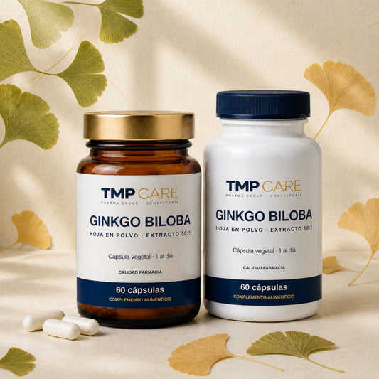 Ginkgo Biloba TMP CARE en vidrio ámbar y PET blanco sobre papel japonés con hojas de ginkgo.