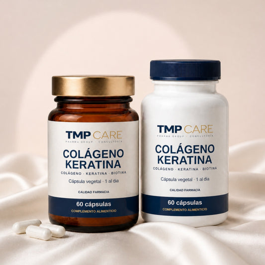 TMP CARE Colágeno Keratina 60 cápsulas en vidrio ámbar y PET blanco
