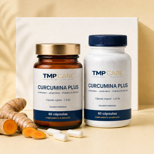 Curcumina Plus TMP CARE en vidrio ámbar y PET blanco, 60 cápsulas, con raíz de cúrcuma fresca
