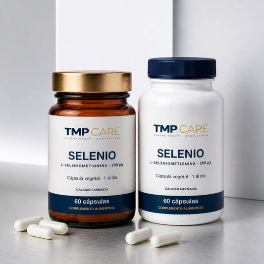TMP CARE Selenio 60 cápsulas en envase de vidrio ámbar y envase PET blanco