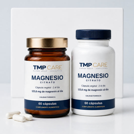 TMP CARE Magnesio Citrato Vitamin en vidrio ámbar y PET blanco, 60 cápsulas