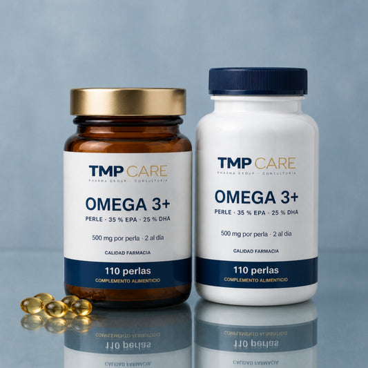 TMP CARE Omega 3+ Perle 500 mg en envase de vidrio ámbar y PET blanco, 110 perlas