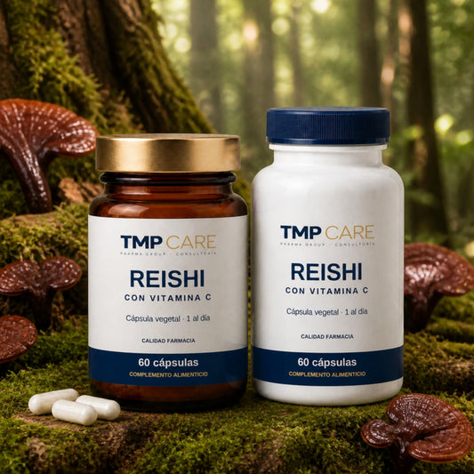 TMP CARE Reishi en envase de vidrio ámbar y PET blanco sobre musgo en un bosque con setas reishi