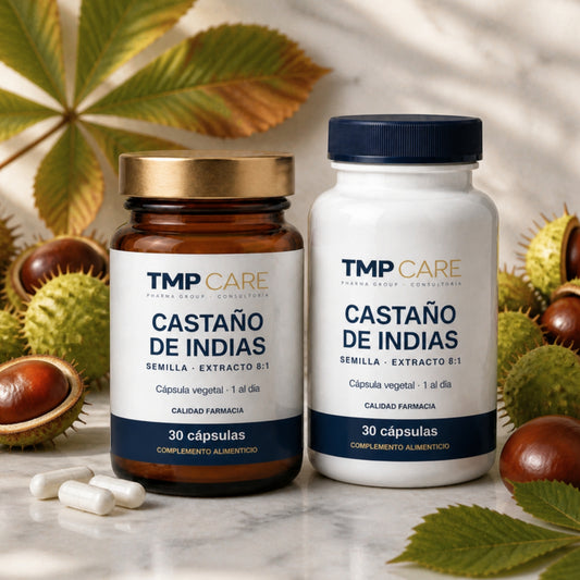 Castaño de Indias TMP CARE en vidrio ámbar y PET blanco sobre mármol gris con castañas de Indias y hojas palmeadas.