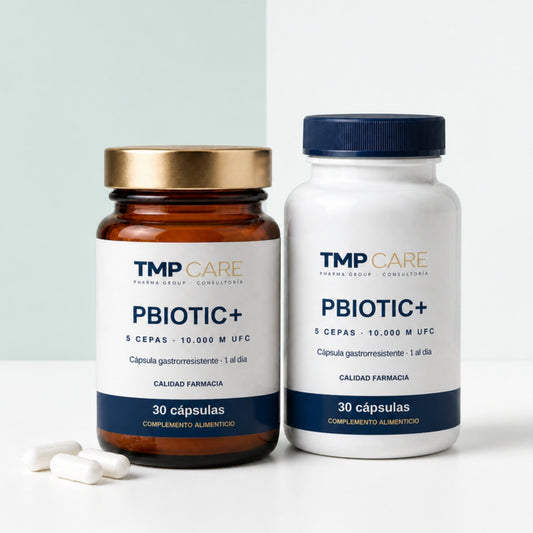 TMP CARE PBIOTIC+ en vidrio ámbar y PET blanco, 30 cápsulas