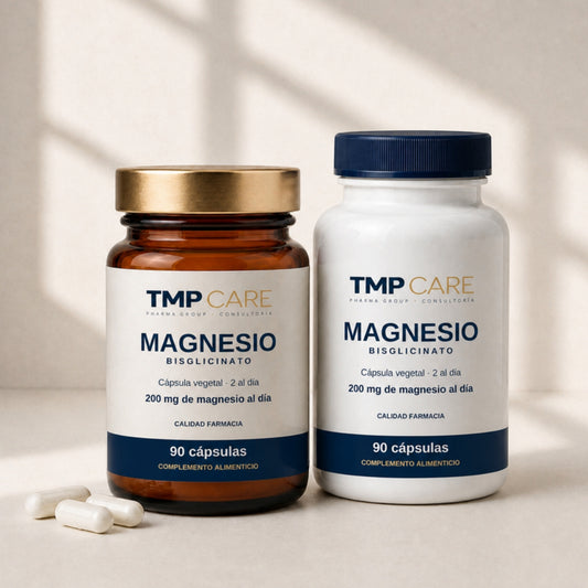 TMP CARE Bisglicinato de Magnesio en vidrio ámbar con tapa dorada y en PET blanco con tapa azul marino