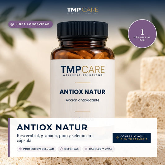 TMP CARE Antiox Natur · Línea Longevidad: Resveratrol, granada, pino y selenio en 1 cápsula. Cómpralo aquí o en tu farmacia