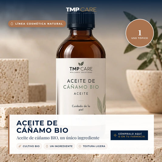 TMP CARE Aceite de Cáñamo BIO · Línea Cosmética natural: Aceite de cáñamo BIO, un único ingrediente. Cómpralo aquí o en tu farmacia