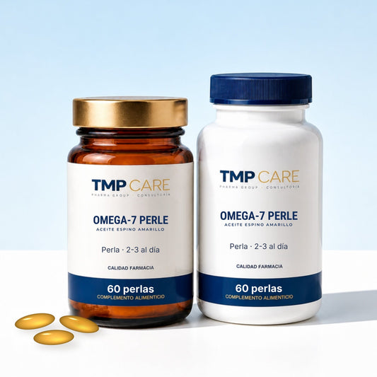 TMP CARE Omega-7 Perle en envase de vidrio ámbar y de PET blanco