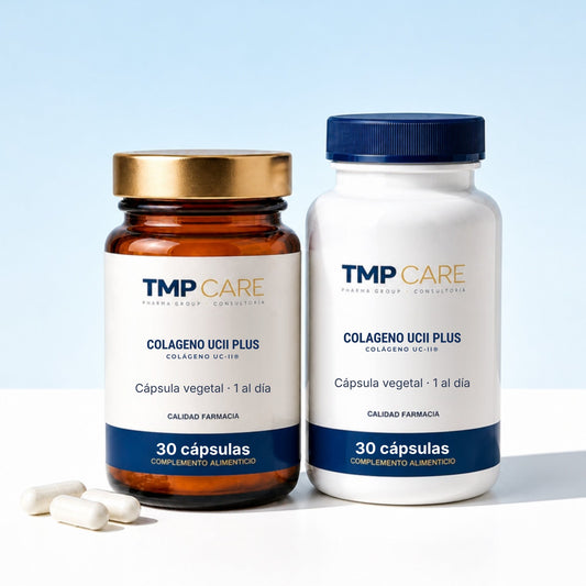 TMP CARE Colageno UCII Plus en envase de vidrio ámbar y de PET blanco