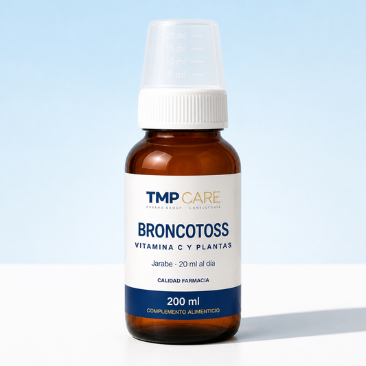 TMP CARE Broncotoss 200 ml en botella de vidrio ámbar con tapón blanco y vasito dosificador